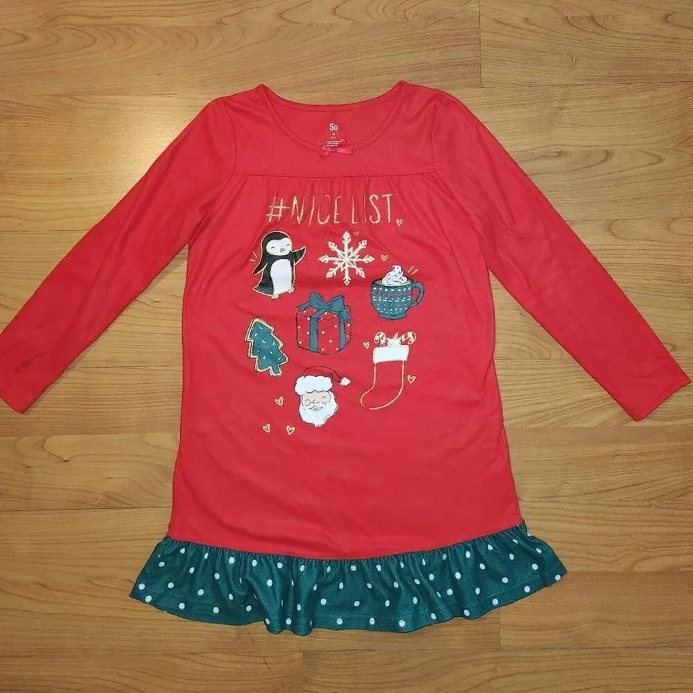 Girls Red Flannel On the Nice List Holiday Nightgown || 12 || EUC